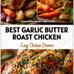 A golden moist roast chicken with herbs and garlic butter rub surrounded by fresh vegetables on a rustic platter.